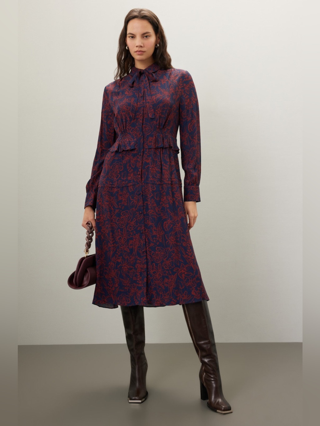 Jason Wu Navy Dress With Burgundy Floral Print And Tie Neck